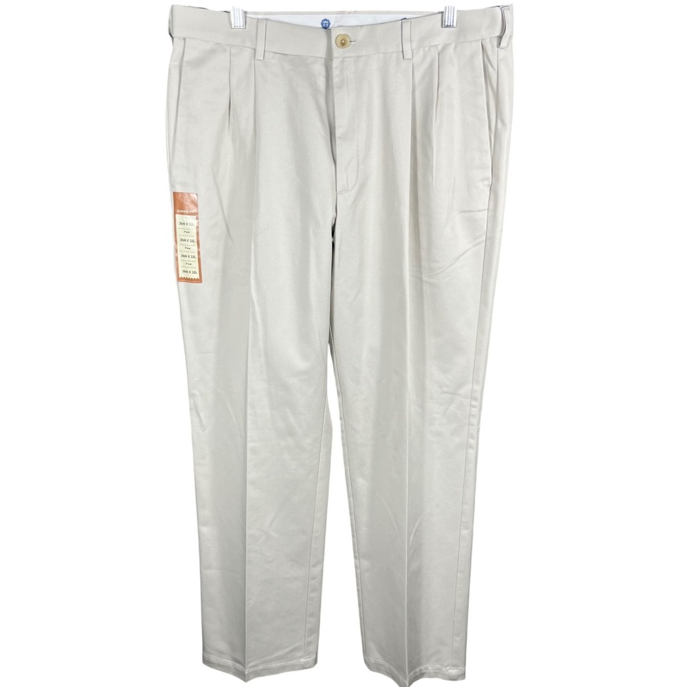 Haggar Work to Weekend Pants Mens 35 Tan Pleated Comfort Waist Khakis